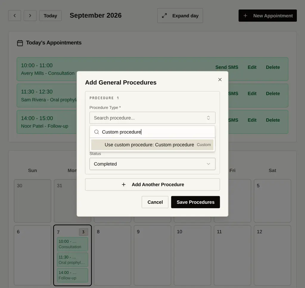 Current custom procedure picker offering a typed custom procedure name.