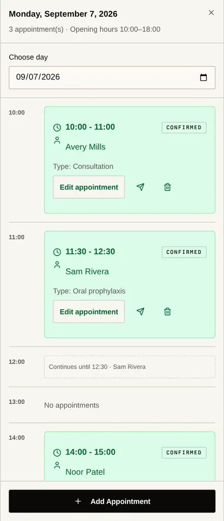 Current expanded day view, starting at 10:00 with appointments and open time slots.