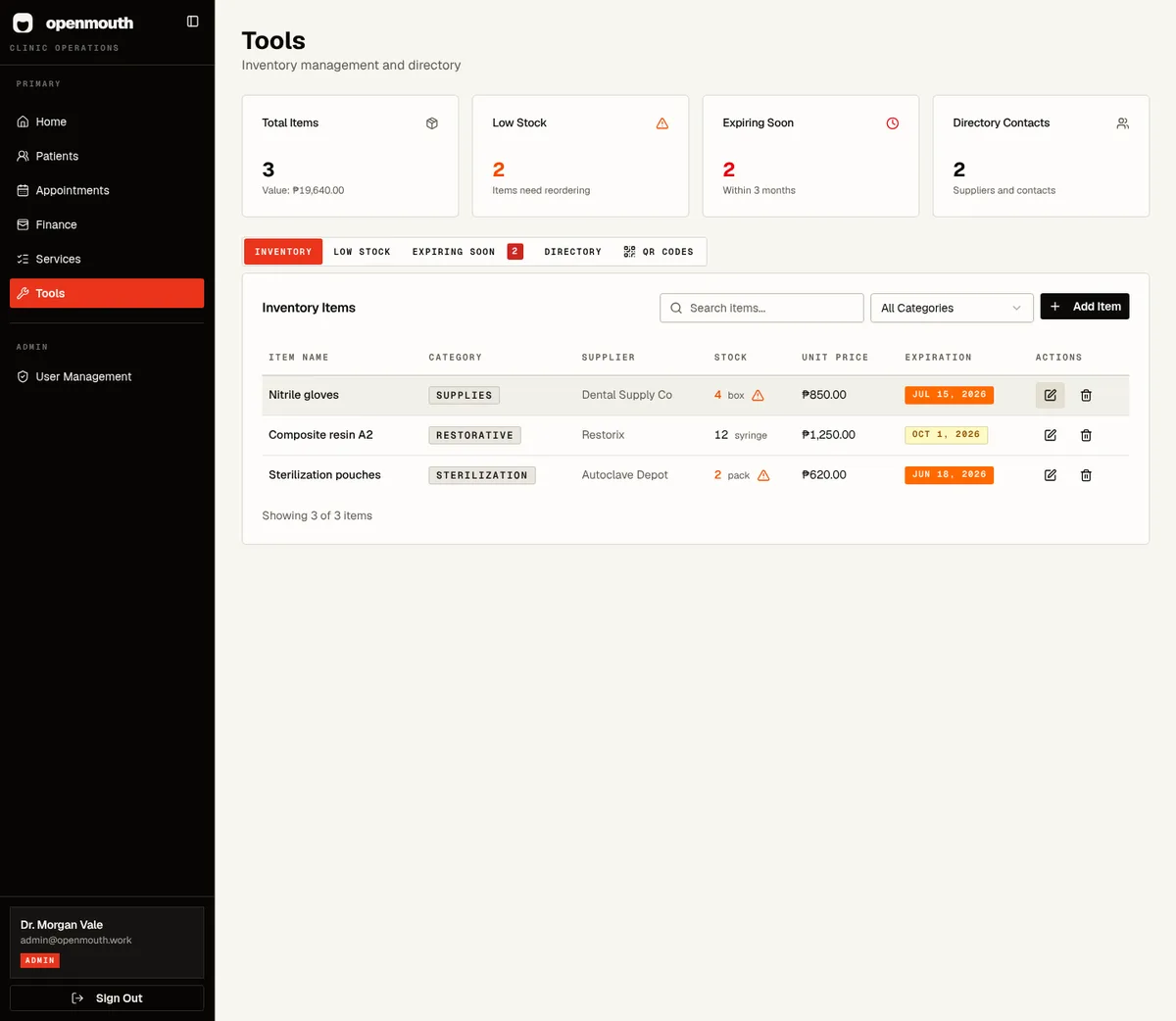 OpenMouth tools and inventory dashboard showing stock and directory panels.