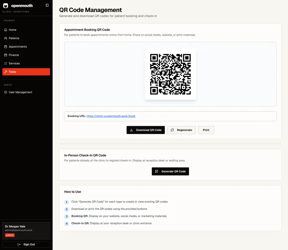 OpenMouth QR code management screen with appointment booking and in-person check-in QR tools.