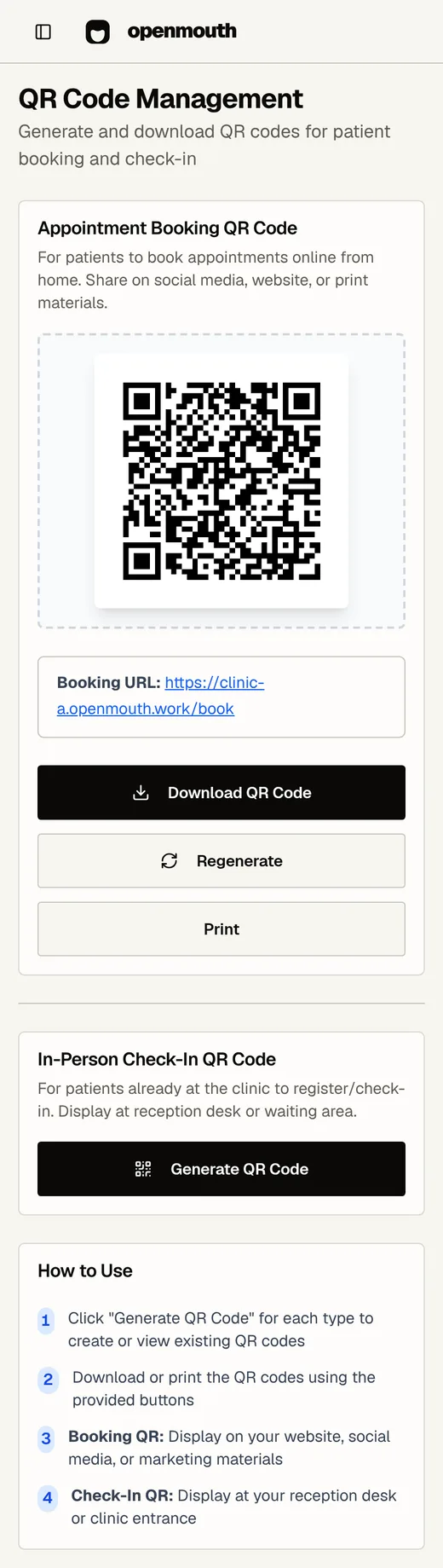 OpenMouth mobile QR code screen showing a booking QR code and clinic URL.