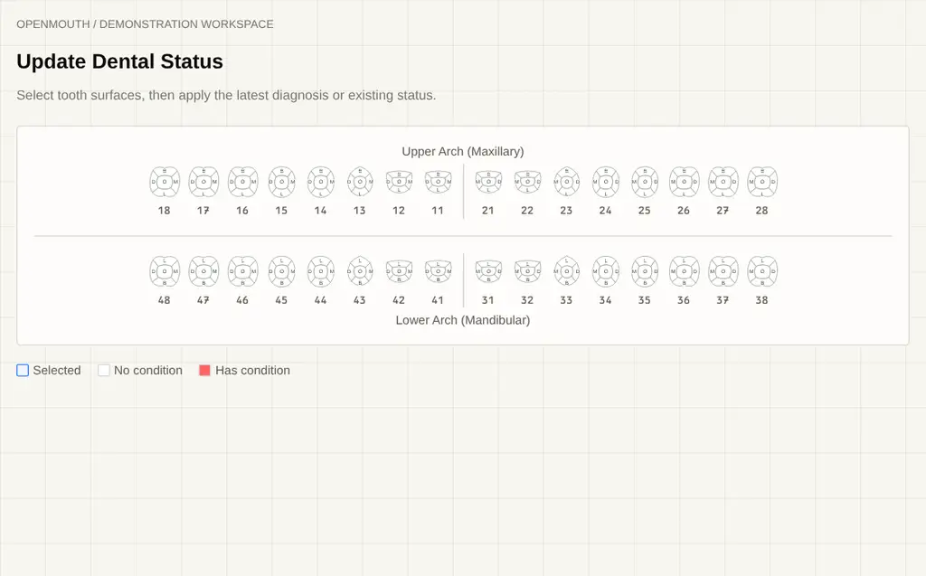 Current OpenMouth tooth-shaped dental chart, preserving familiar arches and five selectable surfaces. Demonstration workspace.
